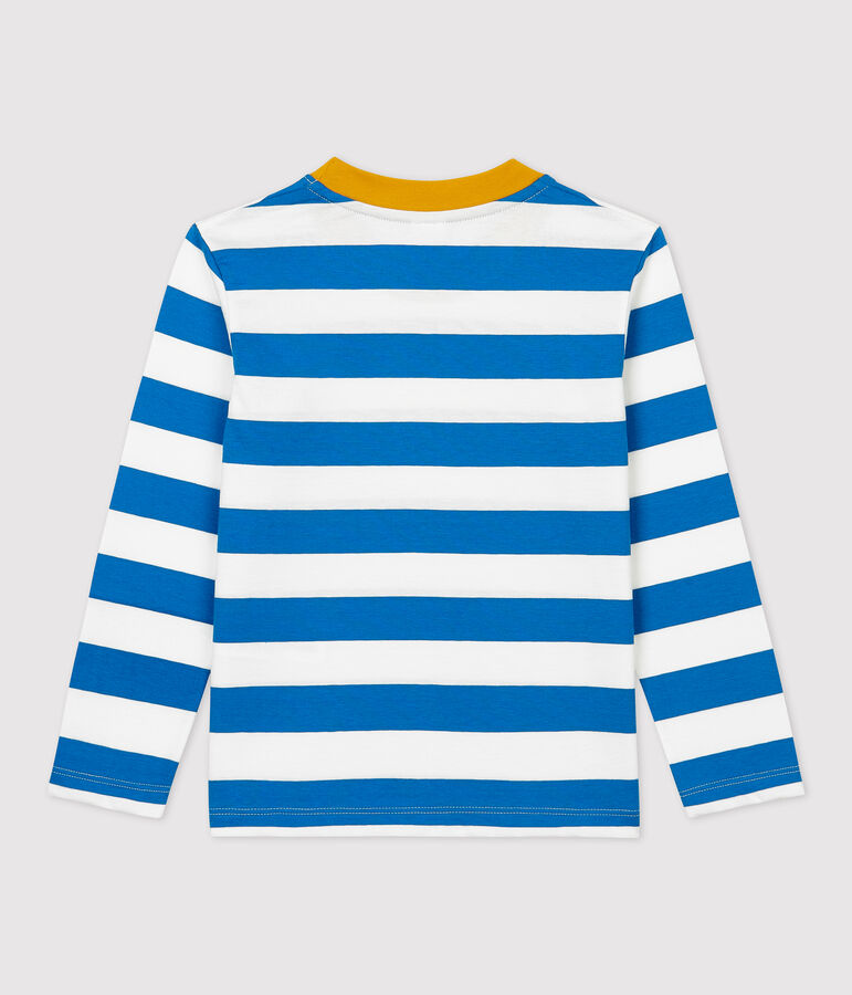 Tee-shirt manches longues en coton enfant gar&ccedil;on bleu RUISSEAU/blanc MARSHMALLOW
